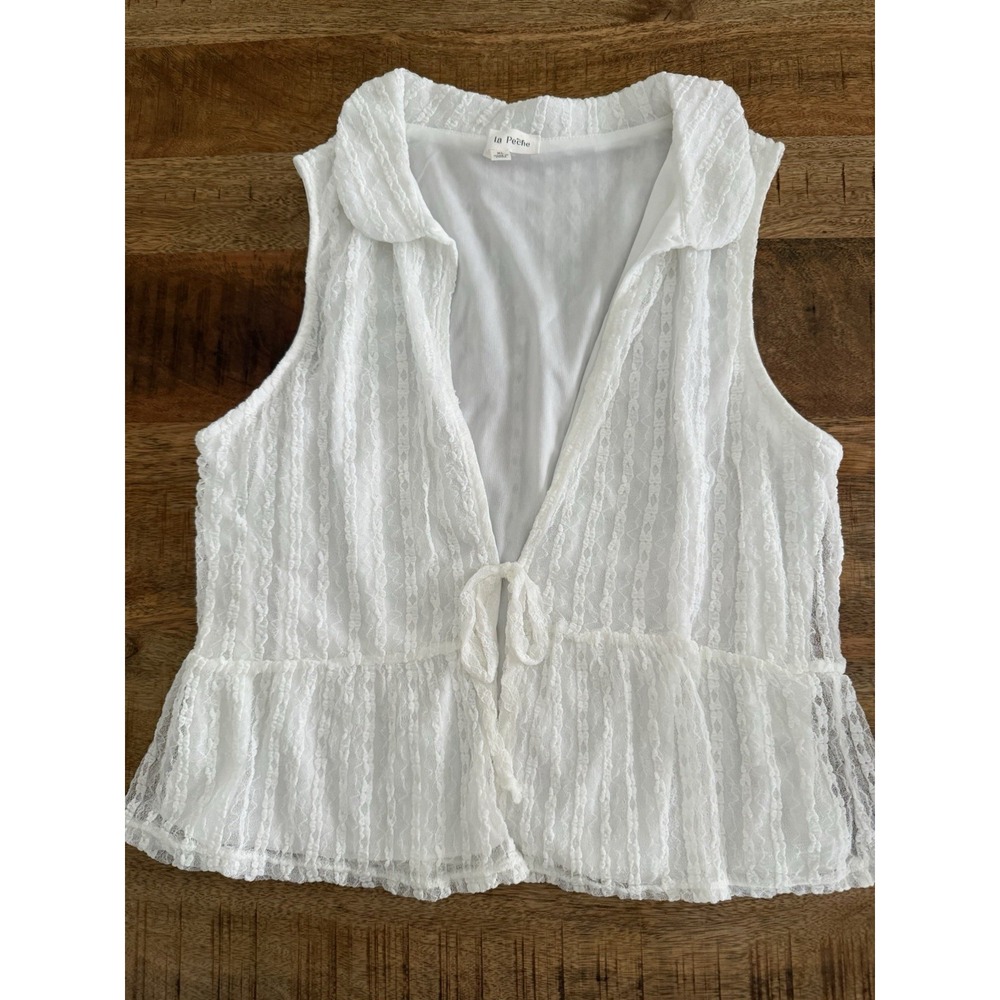 La Peche Lace Peplum Vest Top XL White Sheer Tie Front Cottagecore Boho Bridal